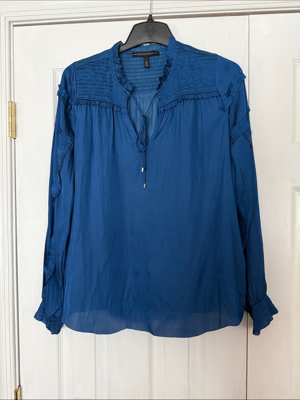 White House Black Market Cobalt Blue Ruffle Yoke Long-Sleeve Blouse